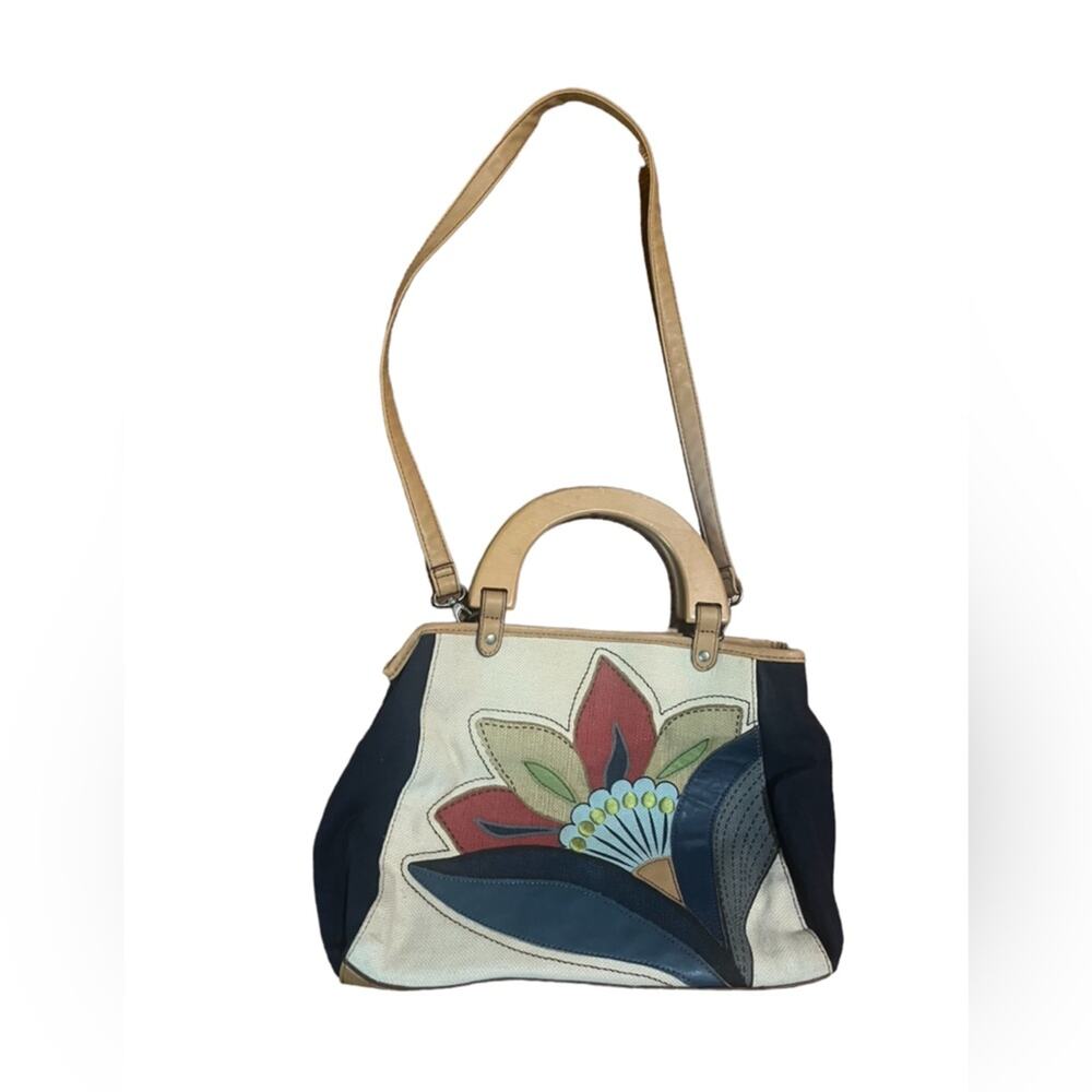RELIC Shoulder Bag Embroidered Floral Canvas Wooden Handles Crossbody Strap